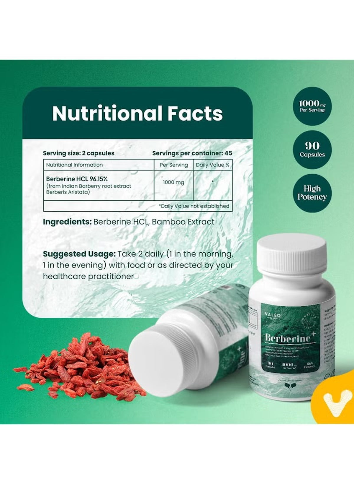 VALEO Berberine Capsules for Blood Sugar Support with High Potency and 90 Count