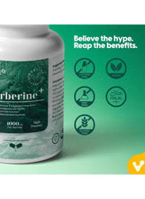 Berberine+ supplement bottle with green label and quality icons on a side panel