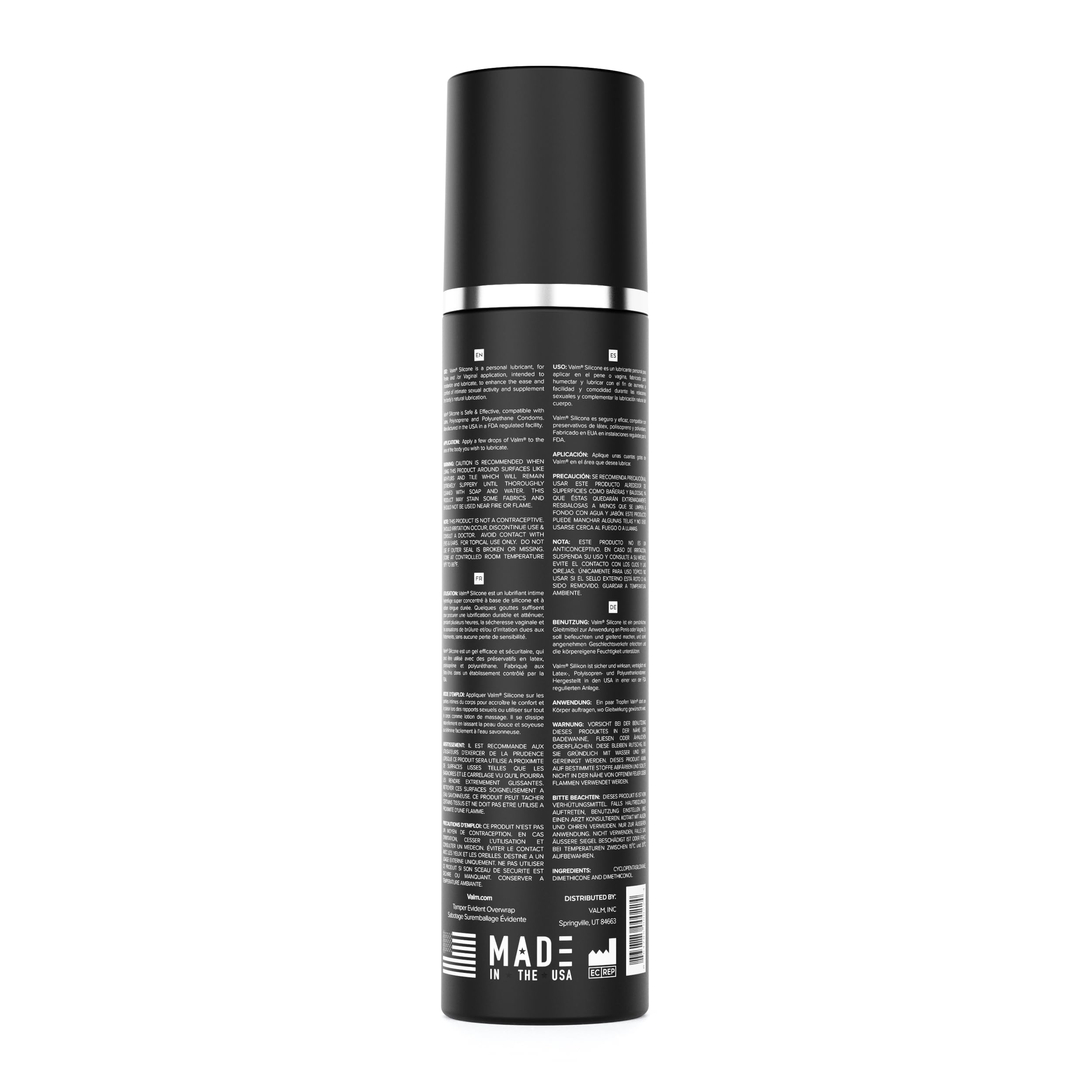 Valm black tall bottle with detailed label and cap for silicone based personal lubricant