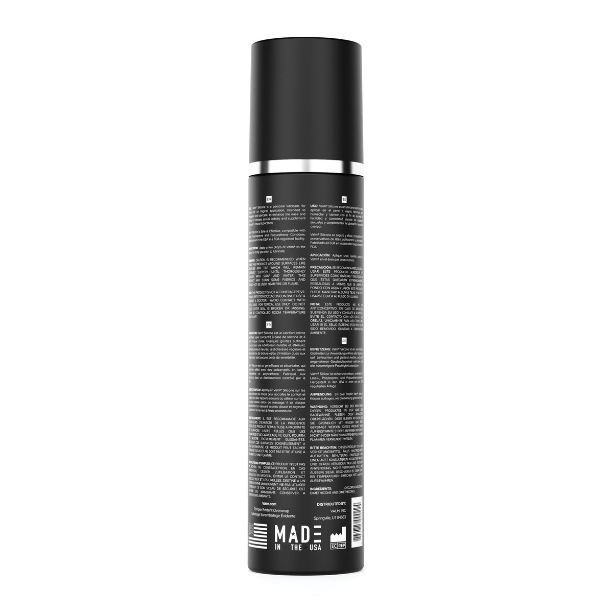 Valm black tall bottle with detailed label and cap for silicone based personal lubricant