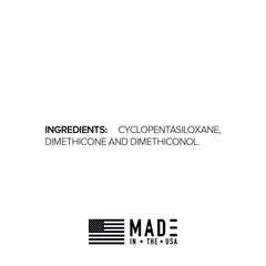 Label with ingredients cyclopentasiloxane dimethicone dimethiconol and Made in the USA silicone based personal lubricant