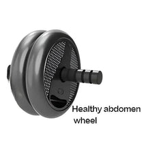 Abdominal exercise wheel with textured disc and black handle grips