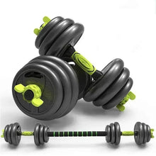 Adjustable dumbbell handles with stacked black plates and lime green end knobs