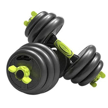 Stacked black dumbbell plates with lime green end caps and textured grip handle