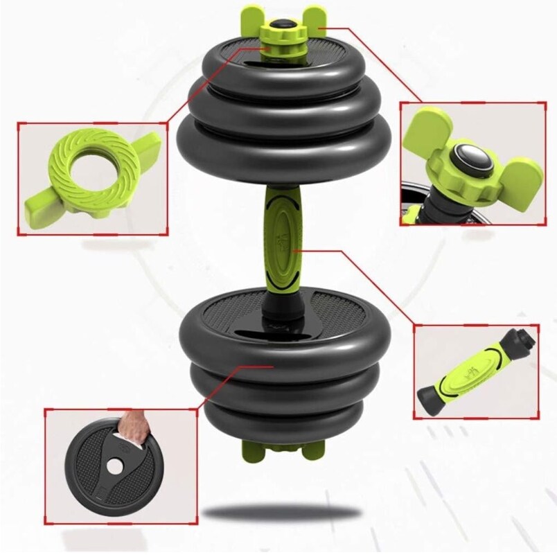 Huitich 15kg concrete dumbbell set with black weight plates and green adjustable handle grips