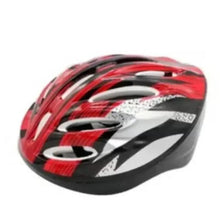 Red and black bicycle helmet with ventilation vents and reflective design
