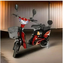 Red electric cargo bike with front basket, black seat, and headlight
