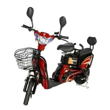 Red electric cargo bike with front wire basket and black handlebars