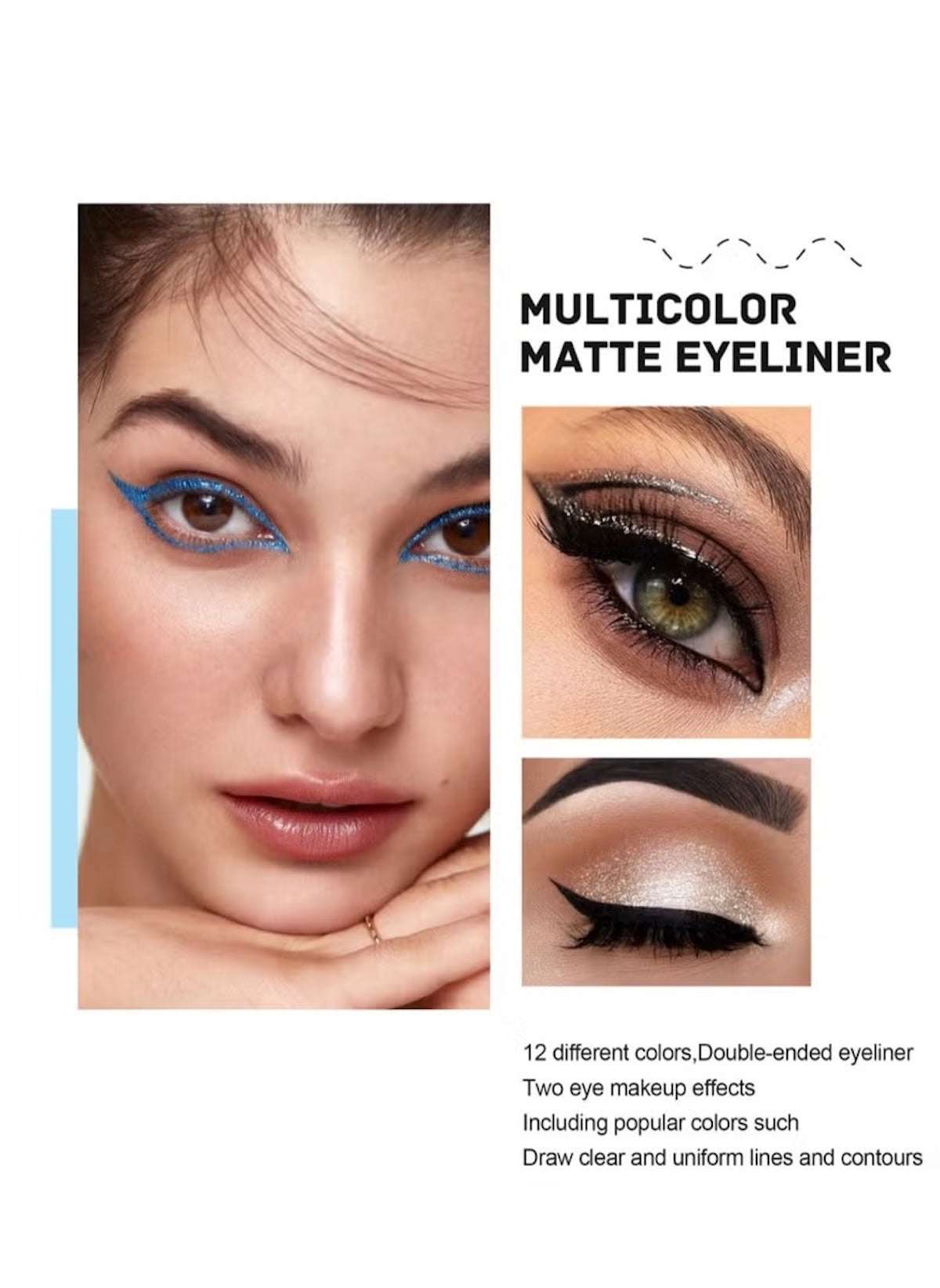Huitich 2 in 1 glitter and matte eyeliner showing multicolor eye makeup with sharp lines and vibrant looks