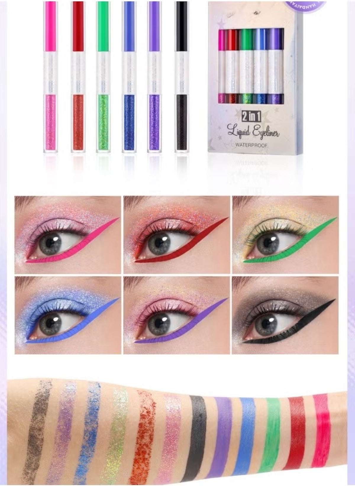 Huitich 2 in 1 glitter and matte eyeliner set with six colorful liquid eyeliners shown on eyes and swatched on arm