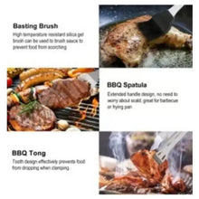 BBQ tool kit accessories: basting brush, BBQ spatula, and BBQ tongs