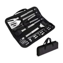BBQ tool kit organizer with stainless grilling utensils and black carrying bag