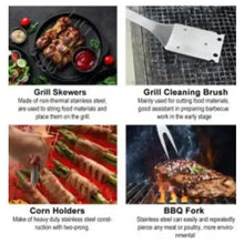 BBQ tool kit accessories: skewers, grill cleaning brush, corn holders, and BBQ fork