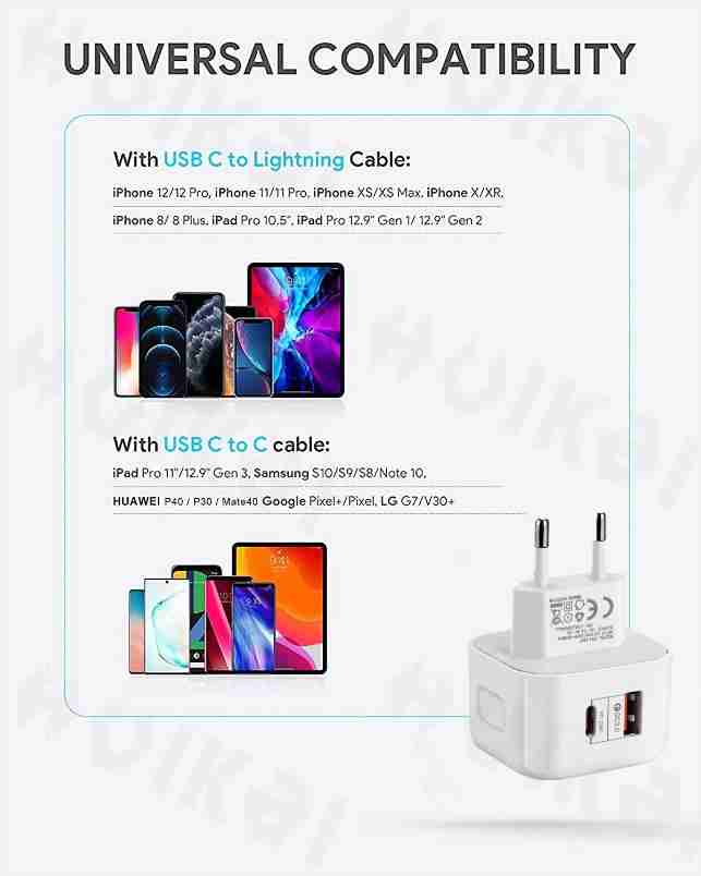 Huitich 20W dual port USB charger showing universal compatibility with USB C to Lightning and USB C to C cables for various devices
