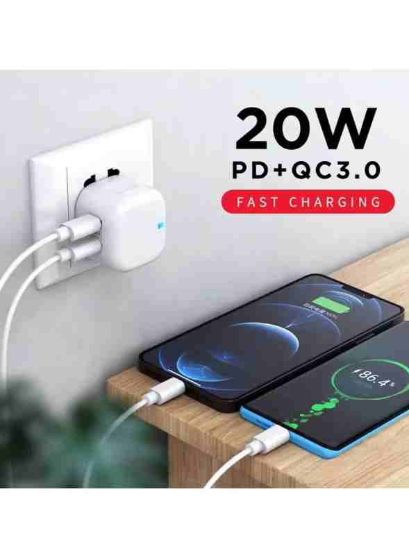 Huitich 20W fast charger for iPad Pro with dual USB ports charging two smartphones on wooden table