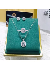 Huitich 3-piece necklace earring ring set with silver chain and sparkling square-cut crystals