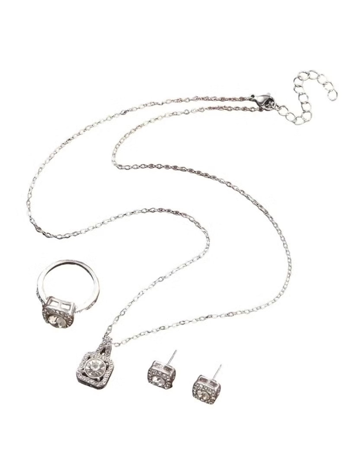 Huitich 3-piece necklace earring ring set with silver chains and clear stones jewelry collection