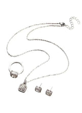 Silver-tone 3-piece jewelry set with necklace, ring, and square-stone stud earrings