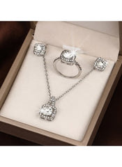Huitich 3-piece necklace earring ring set with sparkling clear stones in silver-tone metal