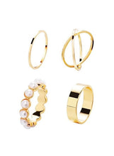 Gold rings with pearls set: two open hoops and two pearl cluster bands