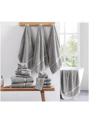 Huitich 8 piece towel set online in gray with multiple sizes hanging and folded in modern bathroom