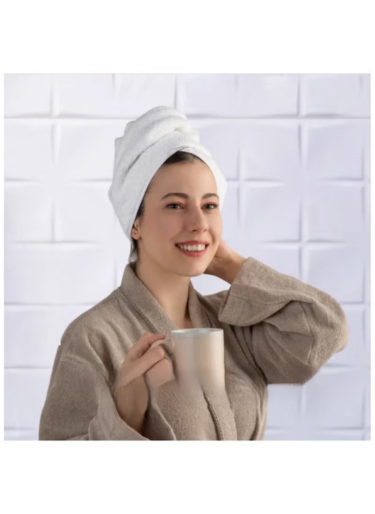 Woman in bathrobe with white towel wrapped on head, promoting 8 piece towel set online by Huitich