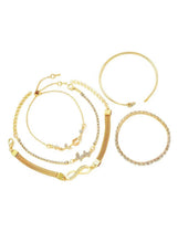 Gold crystal adjustable bracelet set with chain and rhinestone cuffs, heart and charm links
