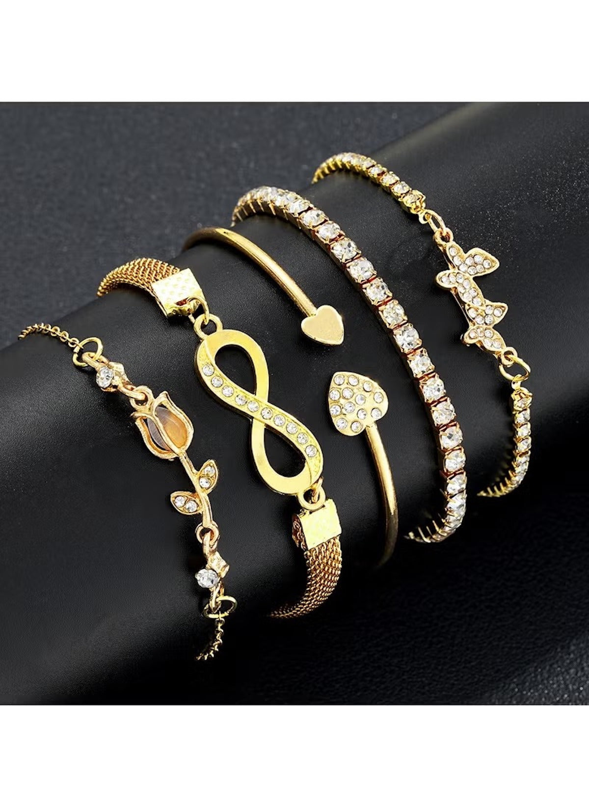 Huitich adjustable gold crystal bracelet set featuring heart, infinity, rose, and butterfly designs