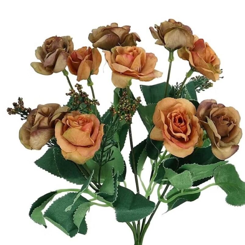Huitich artificial orange rose bouquet with detailed green leaves and realistic petals