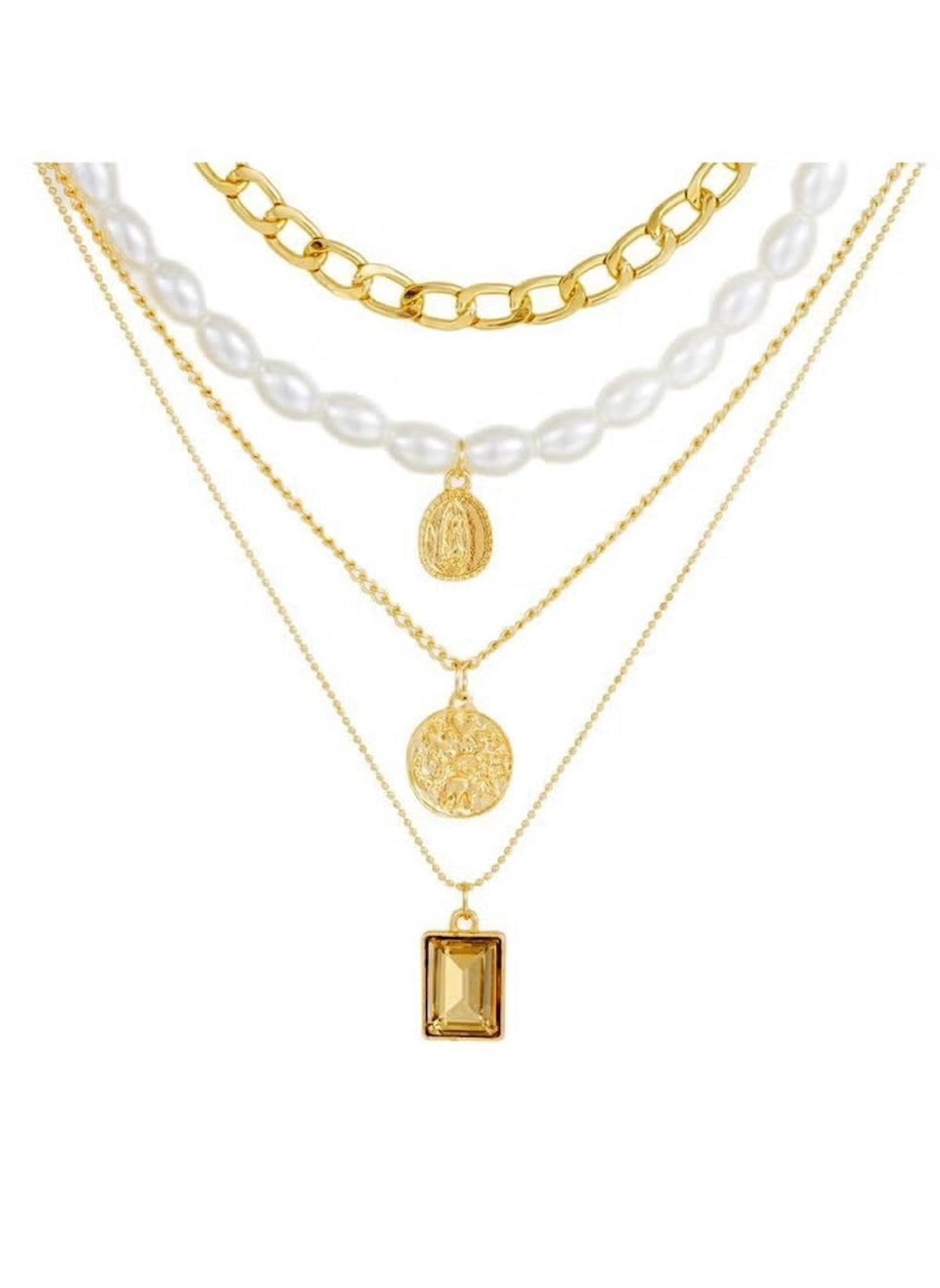 Huitich layered jewelry set featuring chunky chain and faux pearl necklace with gold pendants