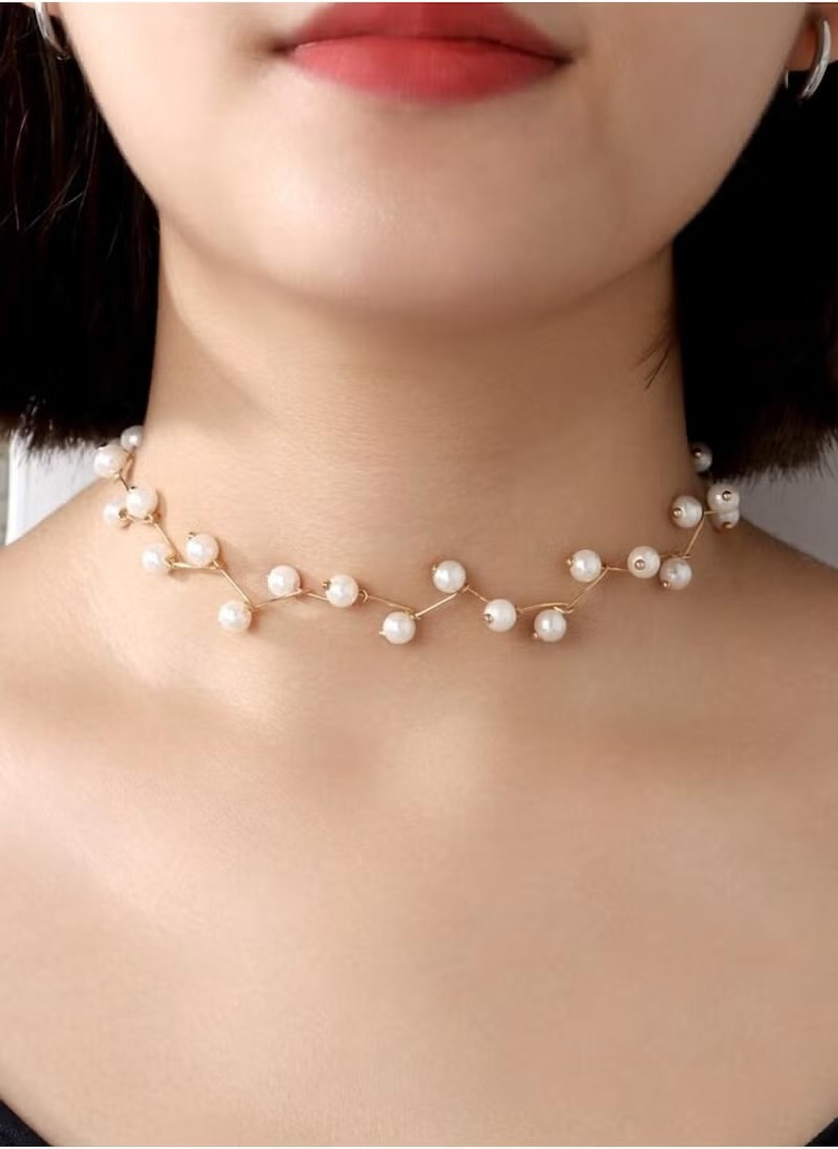 Huitich elegant faux pearl branch necklace worn on neck with delicate white pearls on gold branches