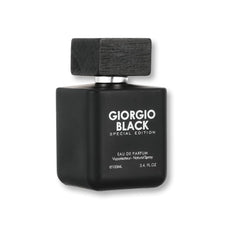 Giorgio Black Special Edition perfume for men in a sleek black matte square bottle with wooden cap
