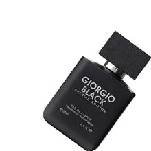 Men's eau de parfum bottle with dark square cap, angled view, 100ml