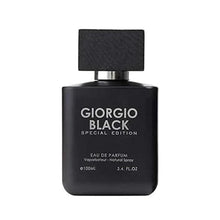 Men's eau de parfum bottle with dark square cap, black label, 100ml
