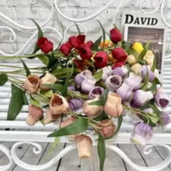 Huitich artificial flowers bouquet with red, purple, and beige blooms displayed on white bench gold and green chopstick holder