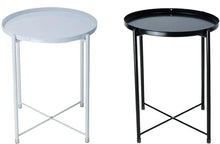 Set of two round metal side tables, white and black with X-frame legs