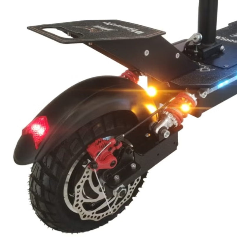 Huitich off road electric scooter with seat showing rear wheel with disc brake and suspension