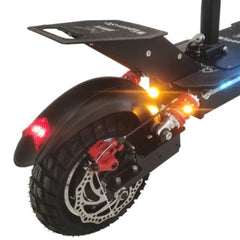 Huitich off road electric scooter with seat showing rear wheel with disc brake and suspension