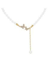 Pearl butterfly necklace with gold crystal butterfly and dangling pearl drop