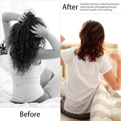 Before and after comparison showing hair improvement using satin hair cap for women reducing frizz and tangling