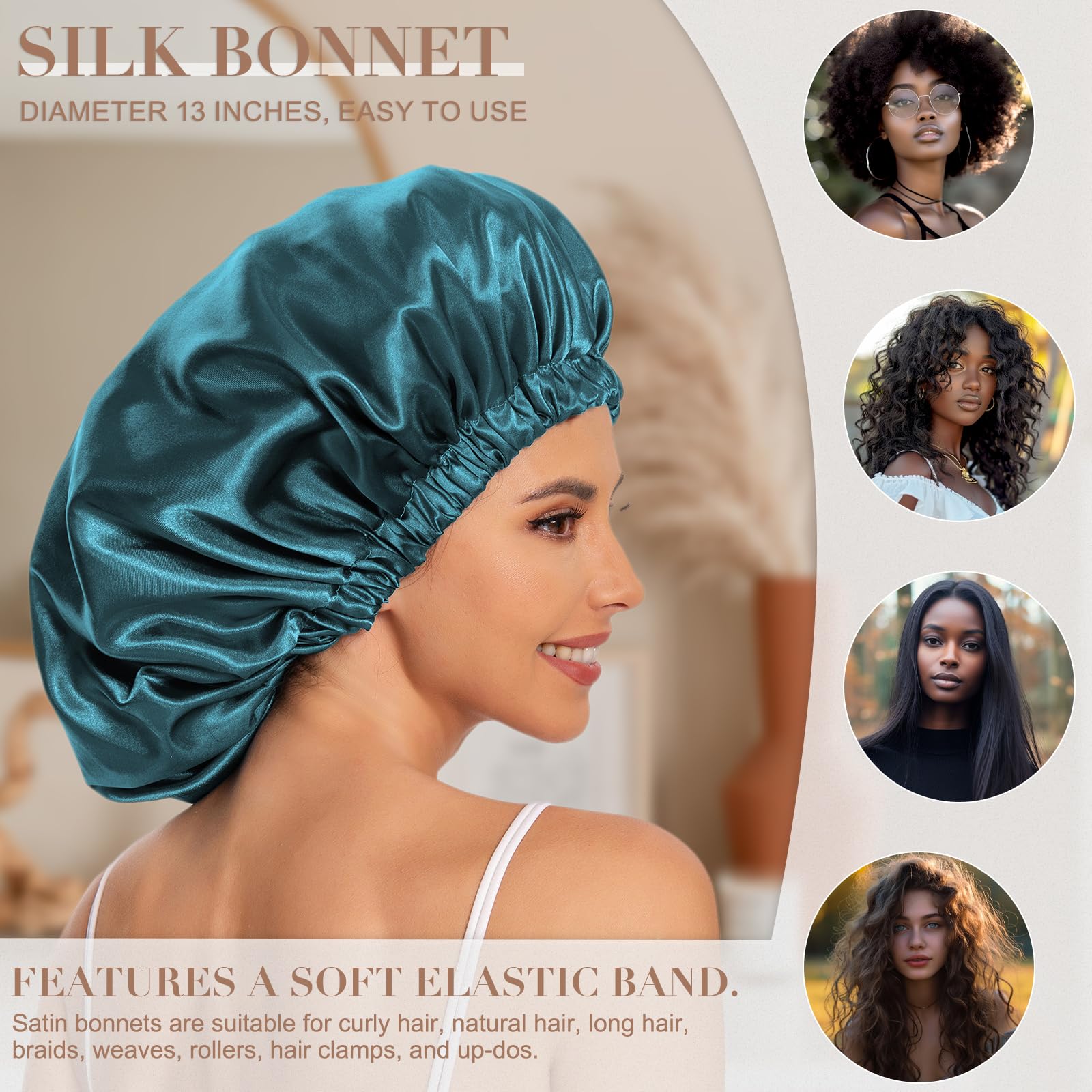 Edoneery satin hair cap for women in teal with soft elastic band ideal for curly and natural hair