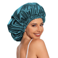 Smiling woman wearing a teal satin hair cap for women with elastic band for a comfortable fit