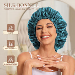 Smiling woman wearing a soft and breathable satin hair cap for women in teal blue
