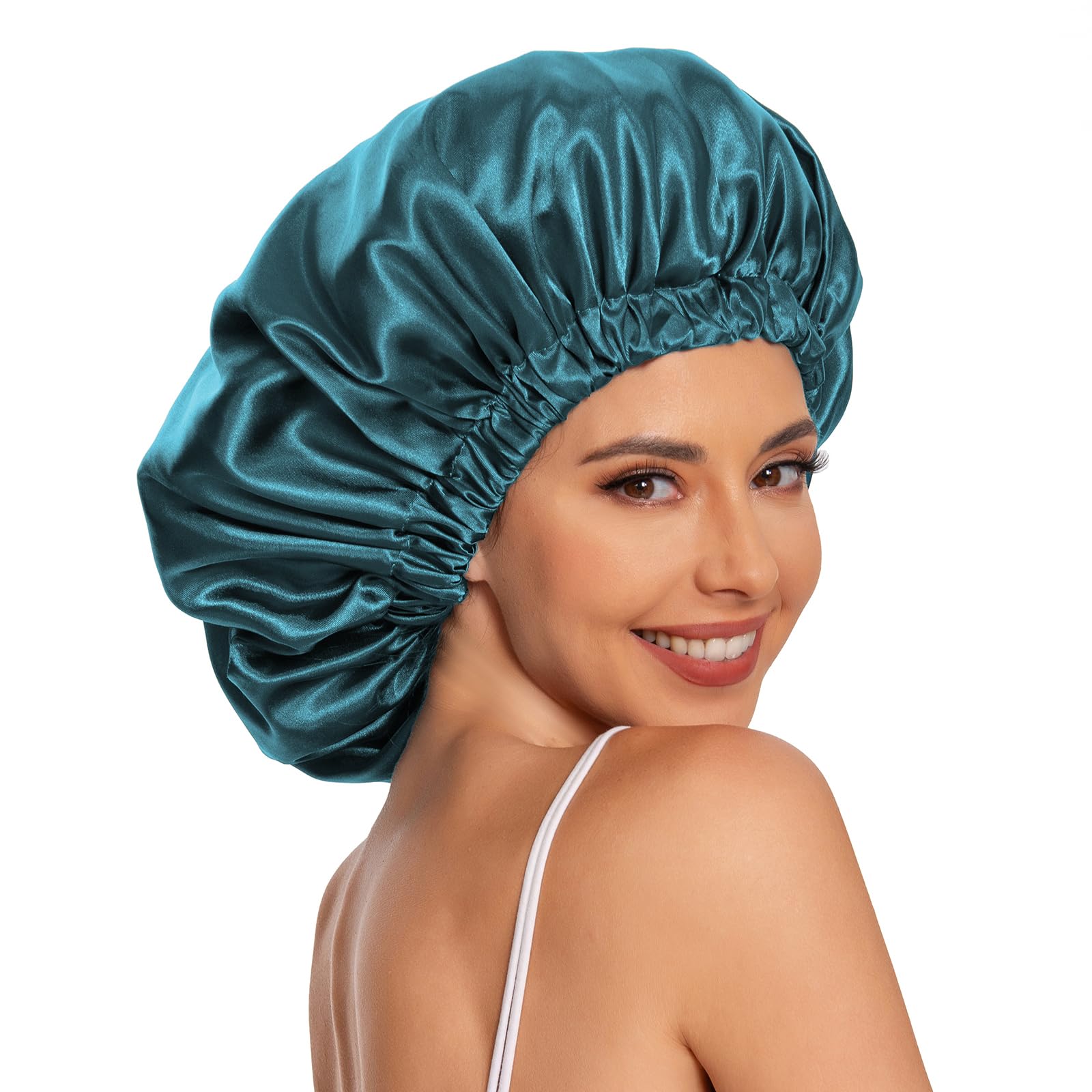Edoneery satin hair cap for women in teal worn by smiling woman with bare shoulders