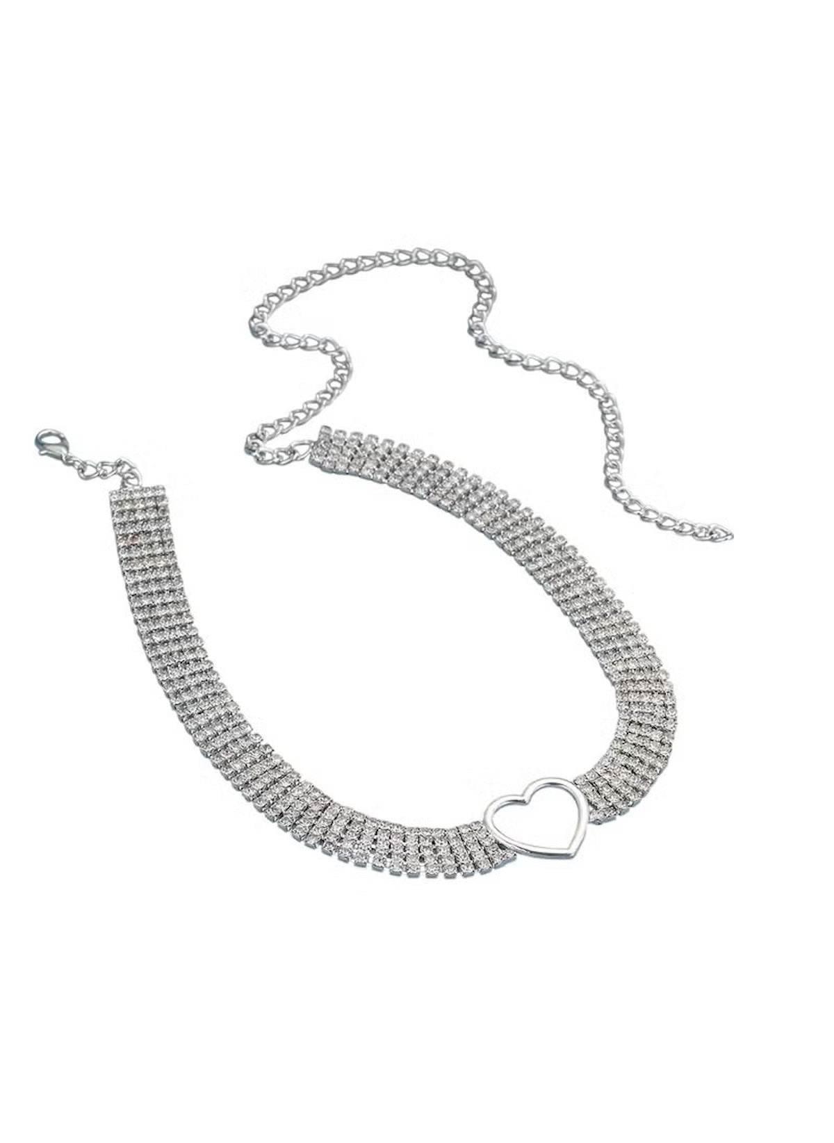 Huitich silver rhinestone heart choker with sparkling stones and heart-shaped pendant
