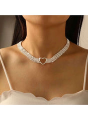Huitich silver rhinestone heart choker worn on neck with heart-shaped centerpiece