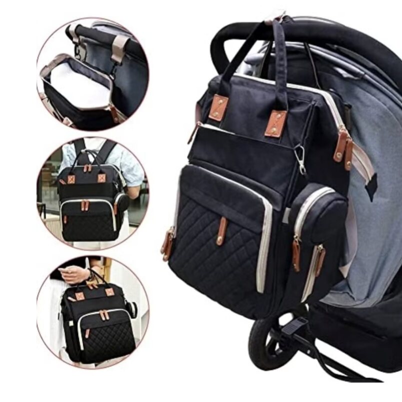 Huitich waterproof baby changing backpack in black attached to stroller with multiple storage compartments