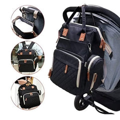 Huitich waterproof baby changing backpack in black attached to stroller with multiple storage compartments
