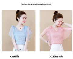 Mumzar women's sequin chiffon blouse in light blue and pink with flutter sleeves for stylish outfits