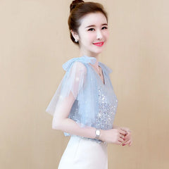 Mumzar women's sequin chiffon blouse in light blue with sheer sleeves and a stylish design